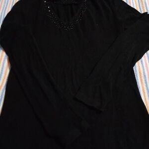 Red Rose M Black Longslvs Illusion Beaded Neck Knit Cotton Viscose Women's Top.